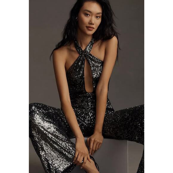 nwt ANTHROPOLOGIE MAEVE sz 10 Sequin Halter Jumpsuit in Carbon - Picture 5 of 6